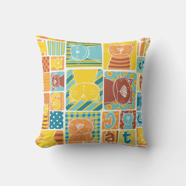 Funny cat fabric patchwork wallpaper, abstract naa kussen (Voorkant)