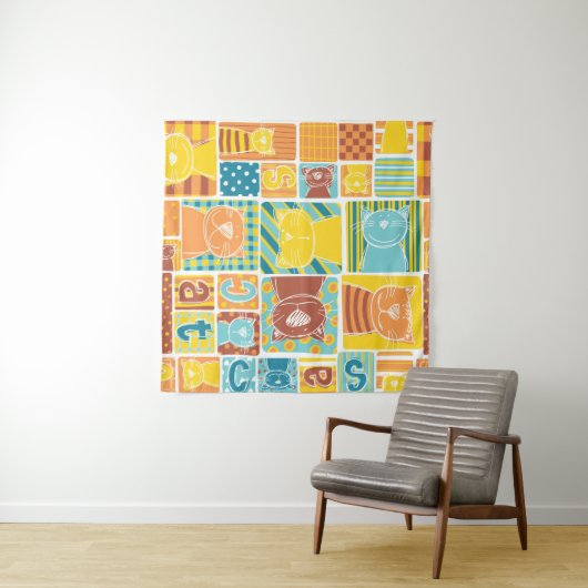Funny cat fabric patchwork wallpaper, abstract naa wandkleed (In Situ (horizontaal))