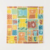 Funny cat fabric patchwork wallpaper, abstract naa wandkleed (Voorkant)