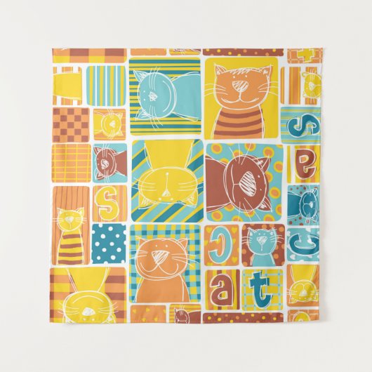 Funny cat fabric patchwork wallpaper, abstract naa wandkleed (Voorkant)