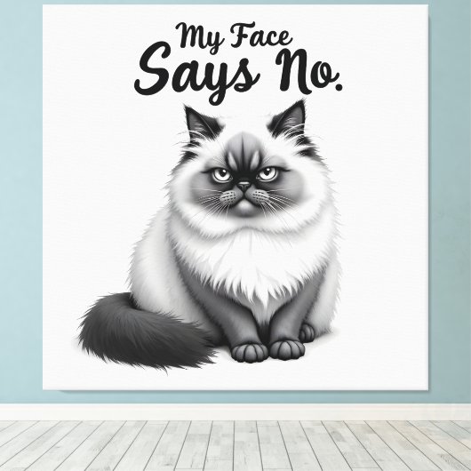 Funny Cat Face Illustration – Minimal Cute Cat Art Canvas Afdruk (Insitu (Houten vloer))