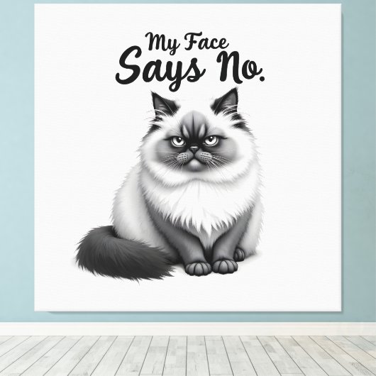 Funny Cat Face Illustration – Minimal Cute Cat Art Canvas Afdruk (Insitu (Houten vloer))