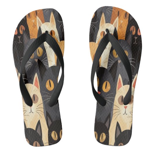 Funny Cat Faces Cartoon in zwart en Sinaasappel Teenslippers (Voetbed)