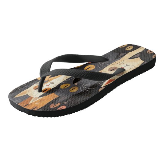 Funny Cat Faces Cartoon in zwart en Sinaasappel Teenslippers (Schuin)