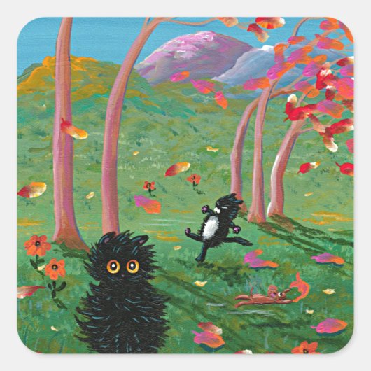 Funny Cat Fall verlaat Cartoon Creationarts Vierkante Sticker (Voorkant)