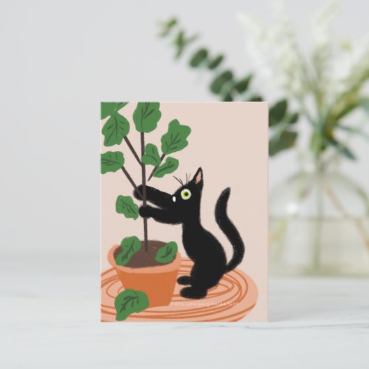 Funny Cat Fig Tree Potot Planten Hand Drawn Briefkaart (Staand voorkant)