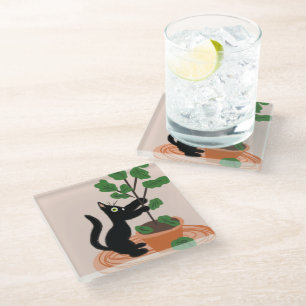 Funny Cat Fig Tree Potot Planten Hand Drawn Glazen Onderzetter