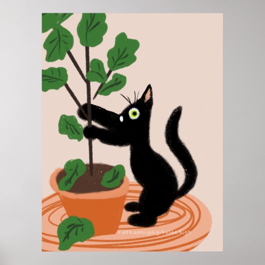Funny Cat Fig Tree Potot Planten Hand Drawn Poster (Voorkant)