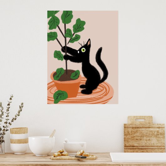 Funny Cat Fig Tree Potot Planten Hand Drawn Poster (Keuken)