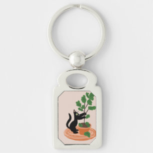 Funny Cat Fig Tree Potot Planten Hand Drawn Sleutelhanger