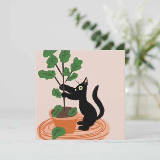 Funny Cat Fig Tree Potted Planten Hand Drawn Kaart (Staand voorkant)