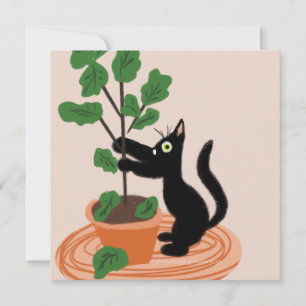 Funny Cat Fig Tree Potted Planten Hand Drawn Kaart