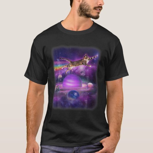 Funny Cat Flying in Space Rainbow Cat Kitten Plant T-shirt (Voorkant)