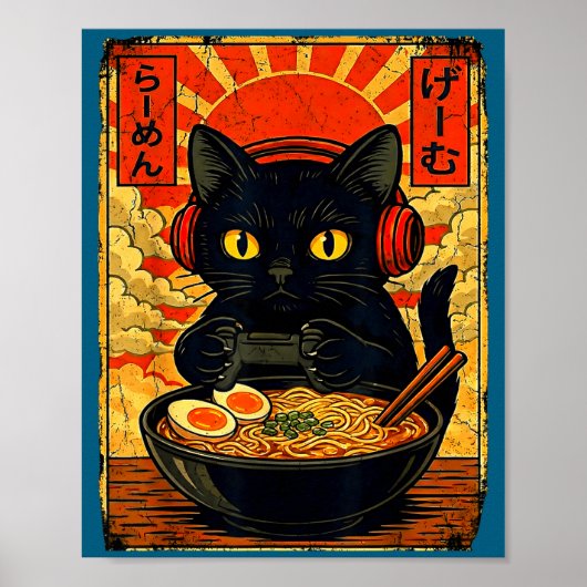 Funny Cat Gamer Men Anime Kawaii Gaming Headset Ca Poster (Voorkant)