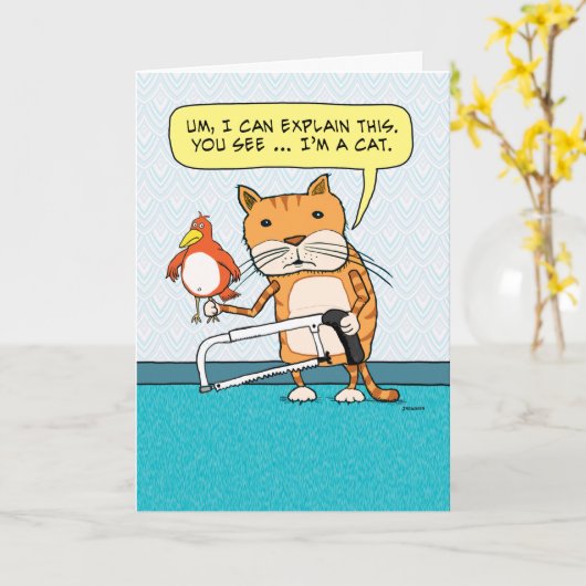 Funny Cat Hacksaw Explanation Birthday Card Kaart (Gele Bloem)