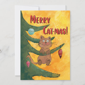 Funny Cat Hanging from a Branch of the Christmas Feestdagenkaart