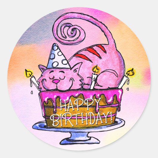 Funny Cat Happy Birthday Cake en Candles Ronde Sticker (Voorkant)
