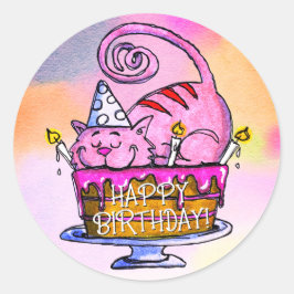 Funny Cat Happy Birthday Cake en Candles Ronde Sticker