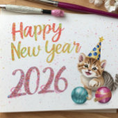 funny cat happy new year Flat Card