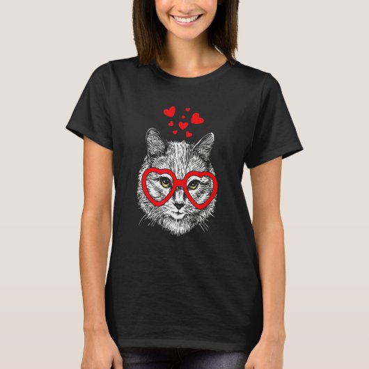 Funny Cat Heart Glasses Valentine's Day T-shirt (Voorkant)