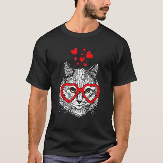 Funny Cat Heart Glasses Valentine's Day T-shirt (Voorkant)