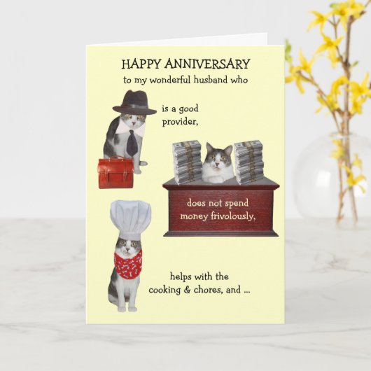 Funny Cat Husband Jubileum Kaart (Gele Bloem)