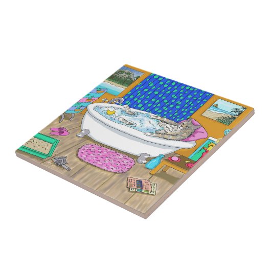 Funny Cat in Bath 65 Tegeltje (Zijkant)