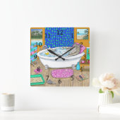 Funny Cat in Bath 65 Vierkante Klok (Huis)