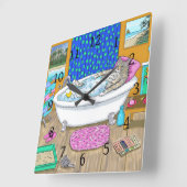 Funny Cat in Bath 65 Vierkante Klok (Hoek)