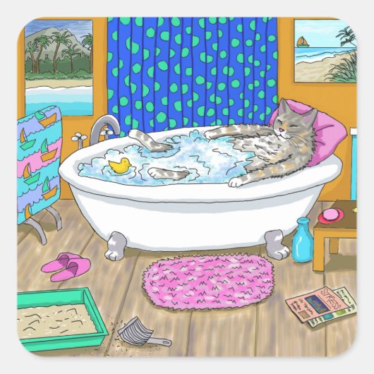 Funny Cat in Bath 65 Vierkante Sticker (Voorkant)