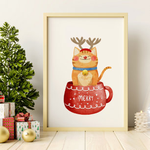 Funny Cat in Cup rendiermannen Antlers Red Nose Xm Poster