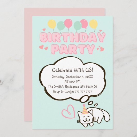 Funny Cat in Pet Birthday Invitation Kaart (Voorkant / Achterkant)