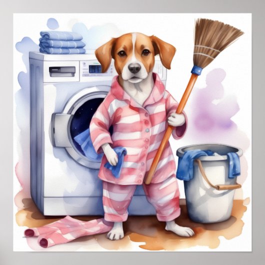  Funny Cat in Pyjama Doing Wasserij Poster (Voorkant)