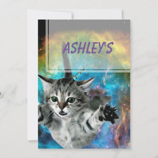 Funny Cat in Space Birthday Invitation Kaart (Achterkant)