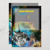 Funny Cat in Space Birthday Invitation Kaart (Voorkant / Achterkant)