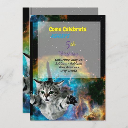 Funny Cat in Space Birthday Invitation Kaart (Voorkant / Achterkant)
