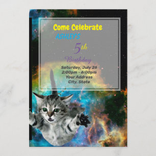Funny Cat in Space Birthday Invitation Kaart