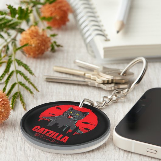 Funny Cat Japanese Themed Catzilla Monster Sleutelhanger (Voorkant Rechts)