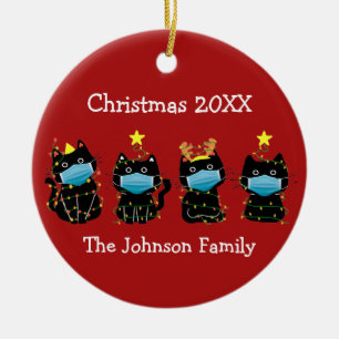 Funny Cat Kerstmis Covid Face Maskers Custom Red Keramisch Ornament