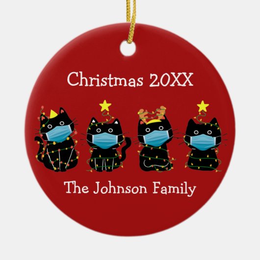 Funny Cat Kerstmis Covid Face Maskers Custom Red Keramisch Ornament (Voorkant)