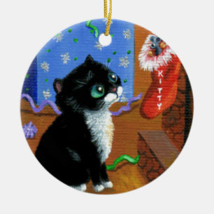 Funny Cat Kerstmis Tuxedo Kitten Mouse Keramisch Ornament
