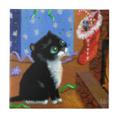 Funny Cat Kerstmis Tuxedo Kitten Mouse Tegeltje (Voorkant)