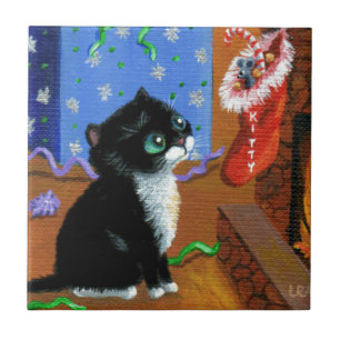 Funny Cat Kerstmis Tuxedo Kitten Mouse Tegeltje