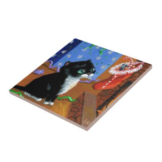 Funny Cat Kerstmis Tuxedo Kitten Mouse Tegeltje (Zijkant)