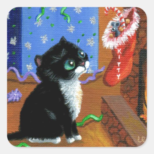 Funny Cat Kerstmis Tuxedo Kitten Mouse Vierkante Sticker (Voorkant)