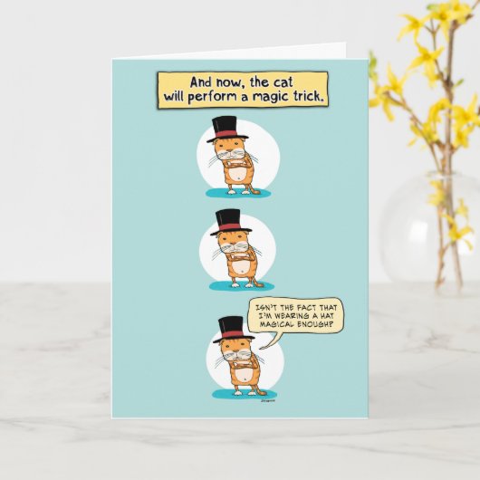 Funny Cat Magic Trick Birthday Kaart (Gele Bloem)