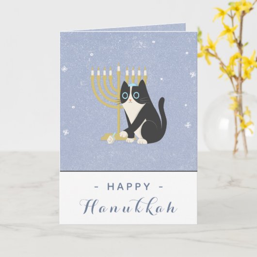 Funny Cat Menorah & Dreidel Prettig Hanukkah Blauw Kaart (Gele Bloem)