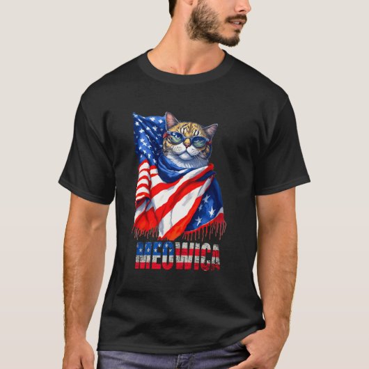 Funny Cat Meowica 4 juli Mannen Vrouwen USA Flag M T-shirt (Voorkant)