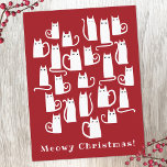 Funny Cat Meowy Briefkaart kerstfeestdag<br><div class="desc">Veel leuke kleine witte katten op een feestelijke rode achtergrond. Verander de groet om te personaliseren. Originele kunst van Nic Squirrell.</div>
