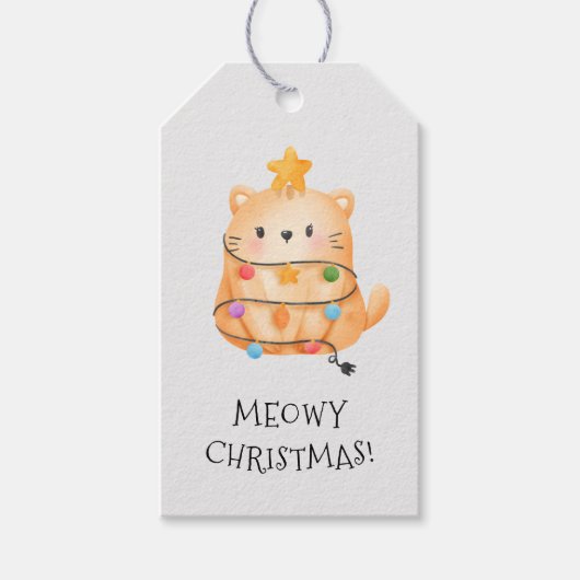 Funny Cat Meowy kerstboomverlichting Waterverf Cadeaulabel (Voorkant)